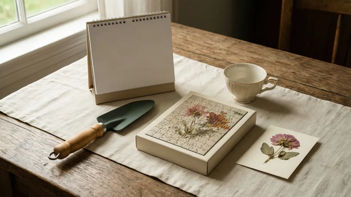 A wooden table displays a standing notepad, green trowel, puzzle box, white teacup, and pressed flower card on a linen runner.