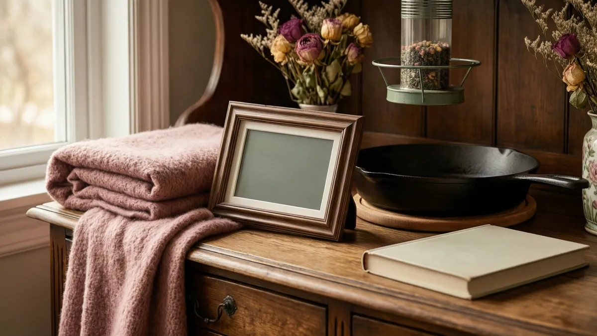 A folded pink blanket sits on a wooden dresser beside a framed picture, a black skillet, and a closed book.