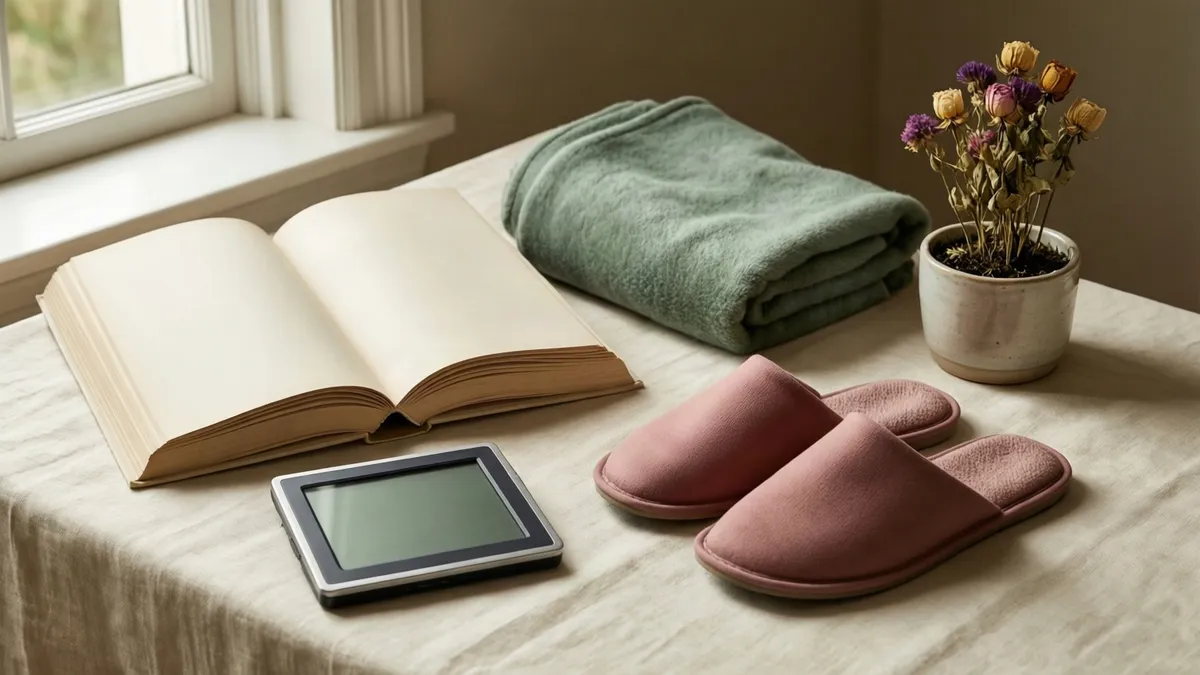 An open book, e-reader, green blanket, pink slippers, and a small vase of dried flowers rest on a cream-colored bedspread near a window.