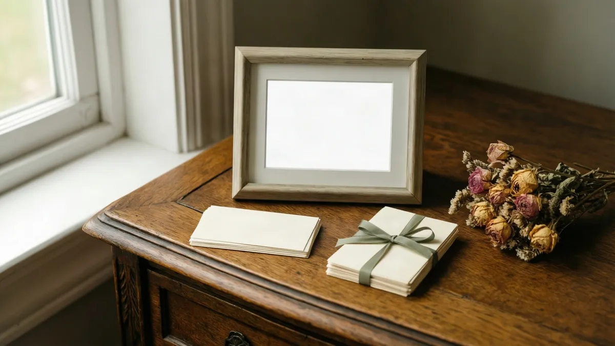 A rustic wooden frame stands beside stacks of cream paper and dried flowers on a dark wood desk near a bright window.