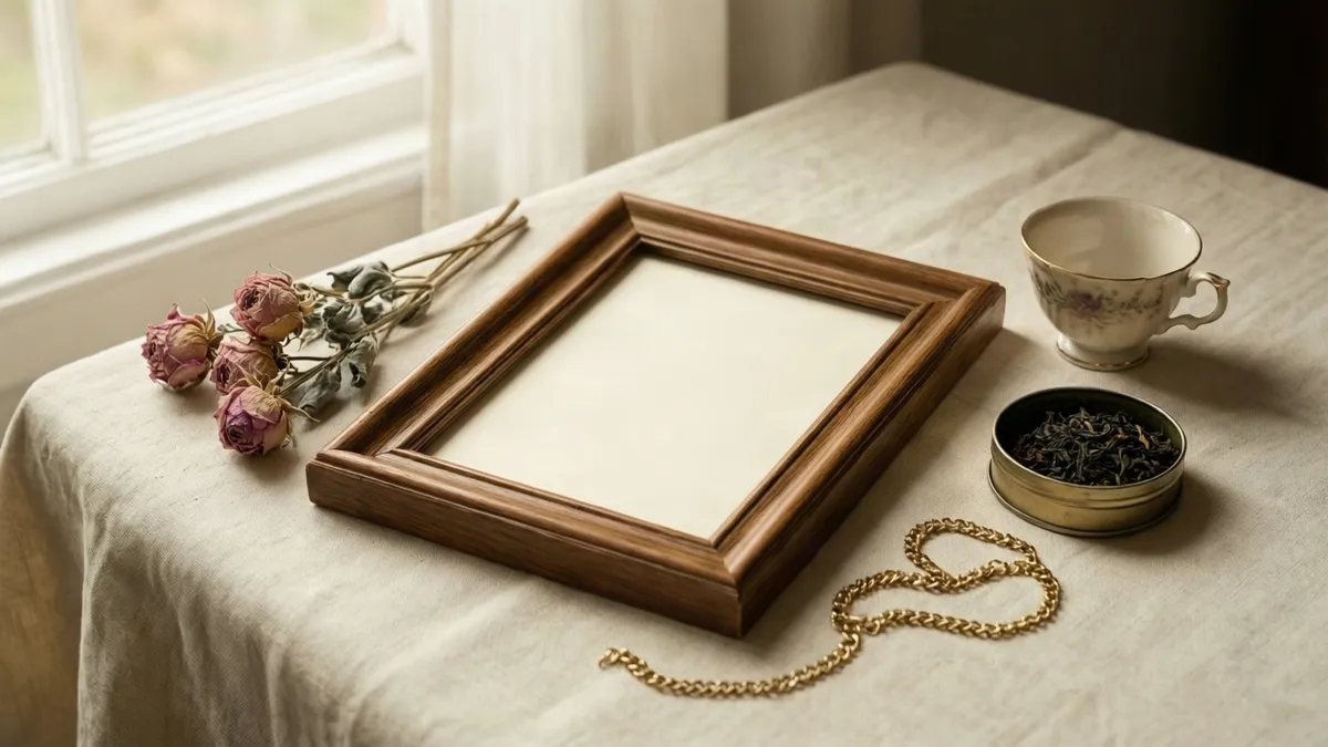 An empty wooden picture frame lying on a cream linen tablecloth beside dried pink roses, a floral porcelain teacup, an open tin of loose tea and a coiled gold chain, lit by soft window light