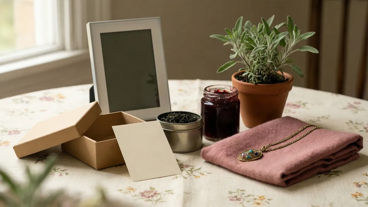 A still life arrangement on a floral tablecloth features a cardboard box, photo frame, tin of tea, jar of jam, potted plant, and folded pink cloth.