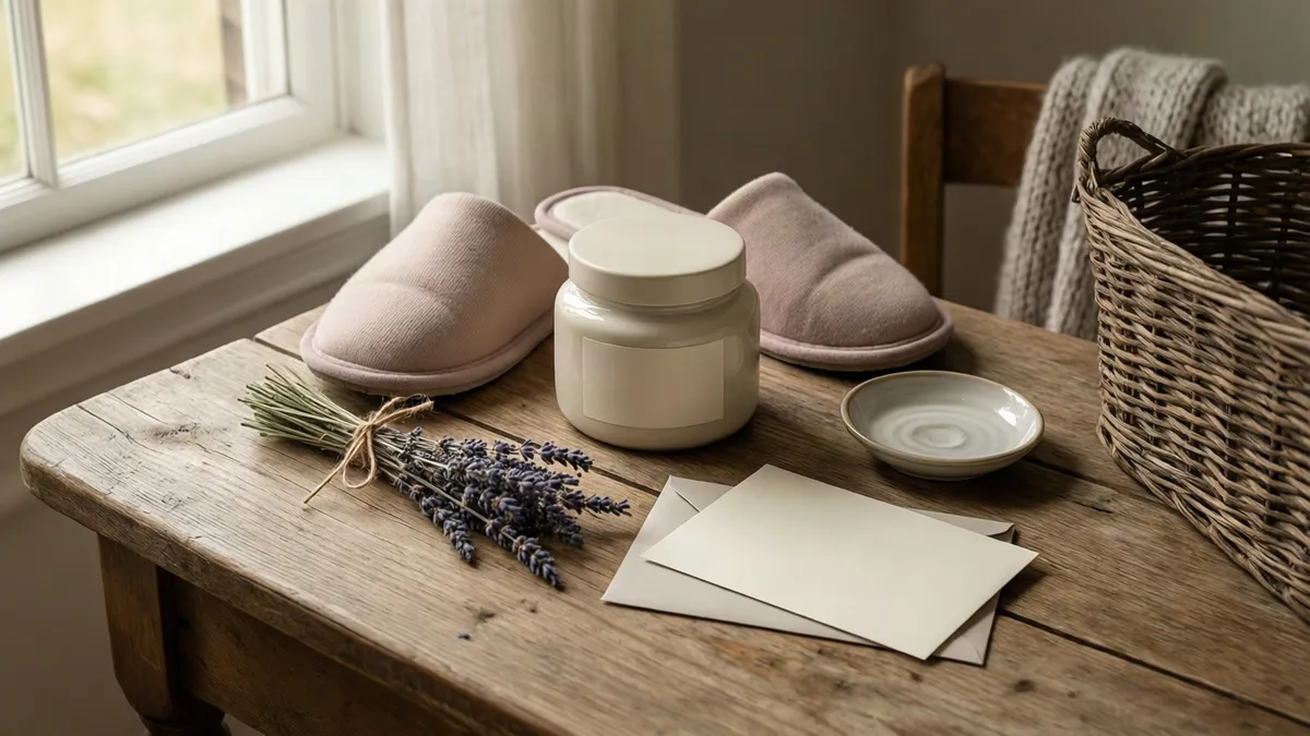 A cream jar, pink slippers, lavender sprigs, and blank stationery rest on a rustic wooden table near a window.